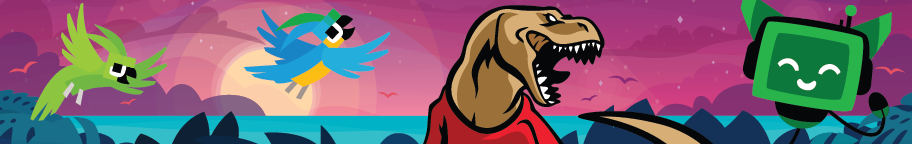 Minecraft parrots, the Stackup T-Rex, and the NodeBot Keelo on a sunset background.